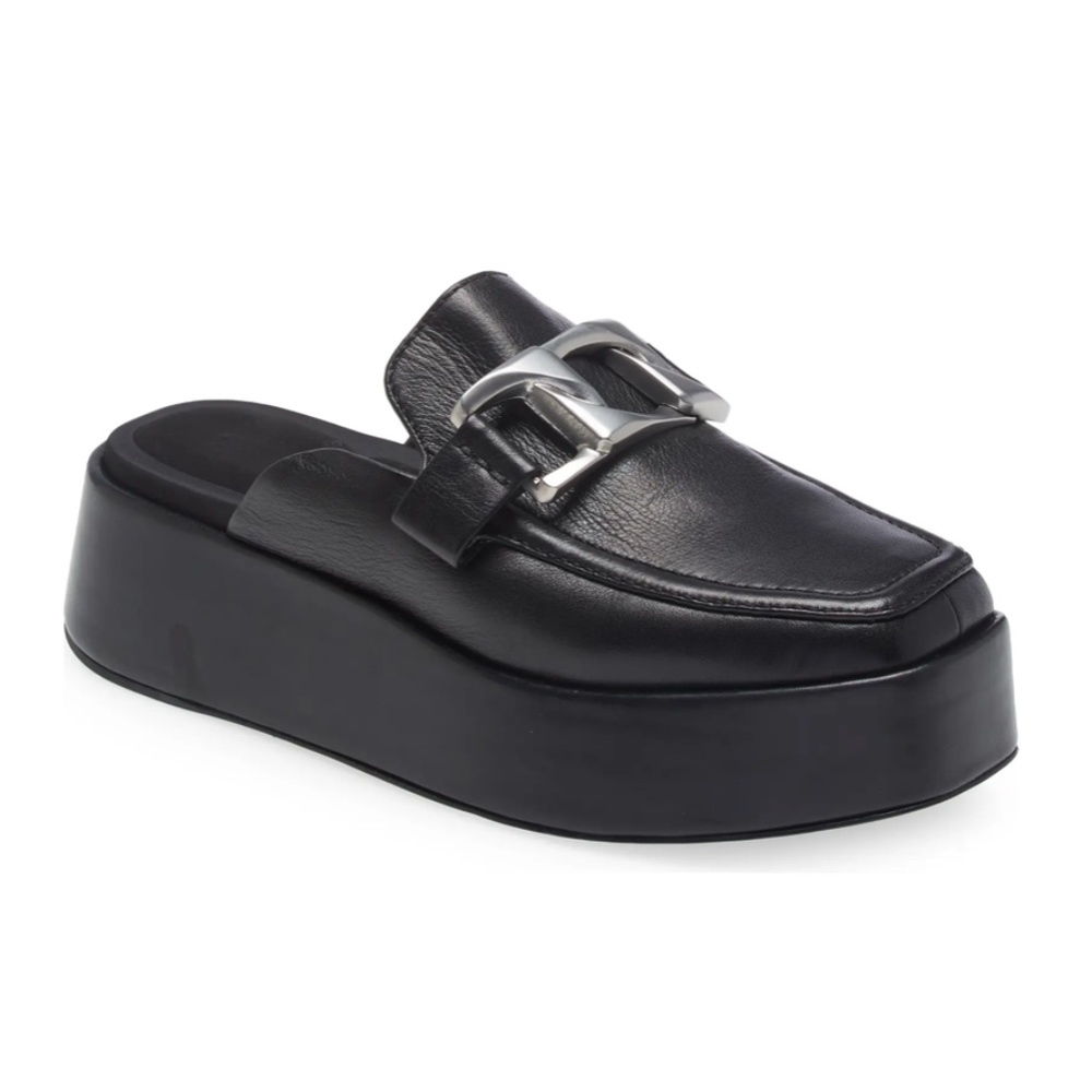 rag & bone Black Leather Platform Loafers with Silver Buckle